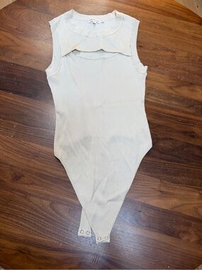 Good American Cream Ribbed Tank Bodysuit with Scalloped Collar (never worn)
